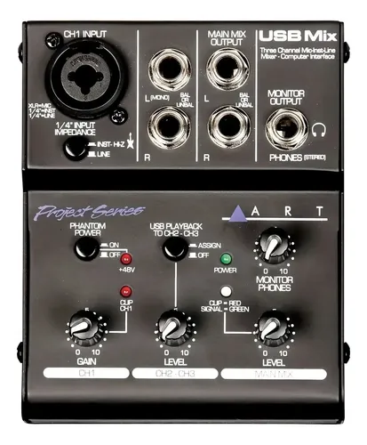 Mezcladora Art Usb Mix 3 Canales Compacta Con Interfaz De Audio Y Phantom Power